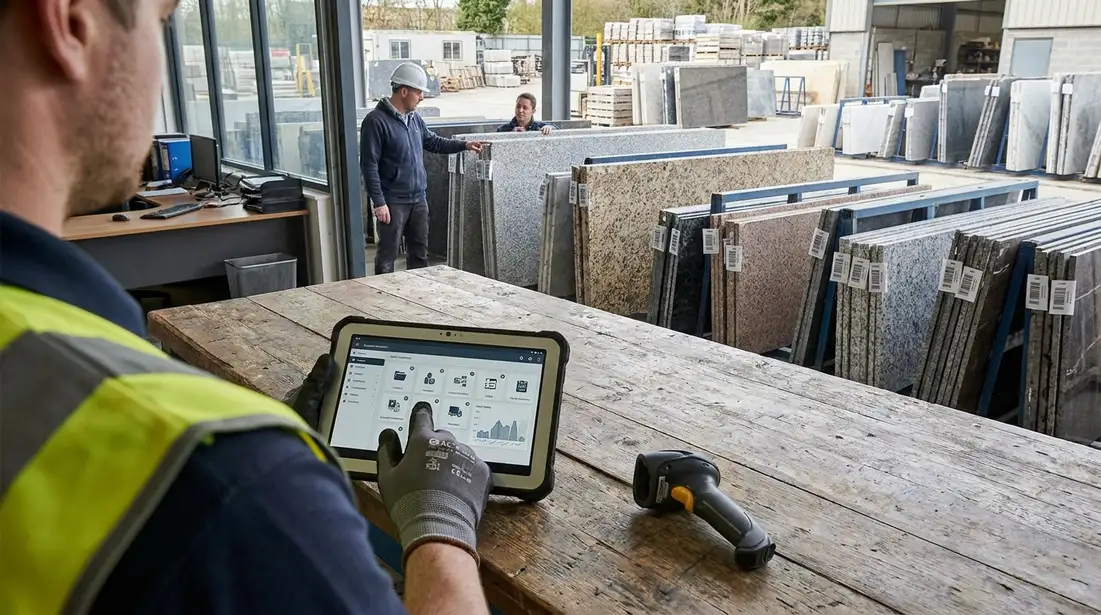 Stone yard with labeled quartz and granite slabs