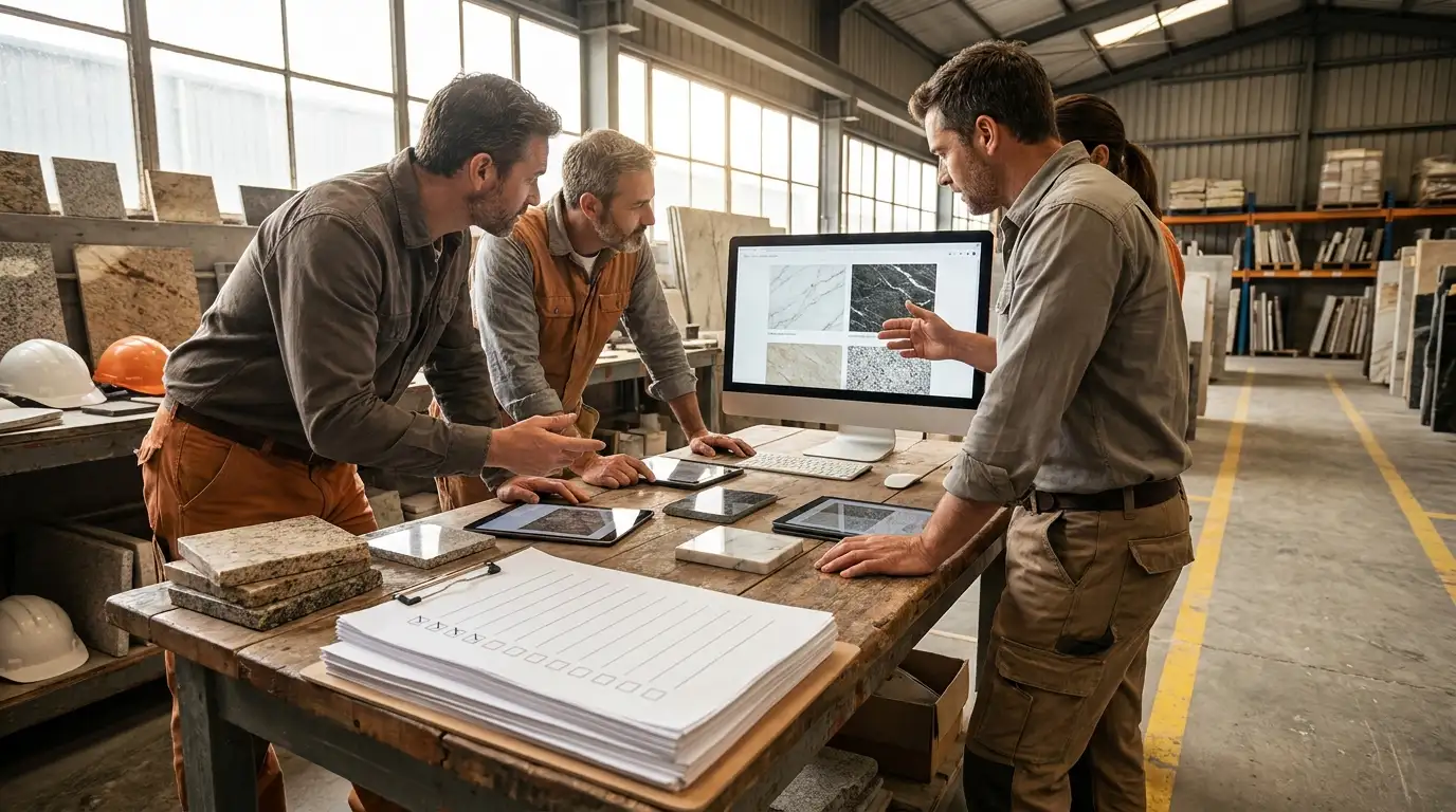 Office team reviewing live slab inventory dashboard