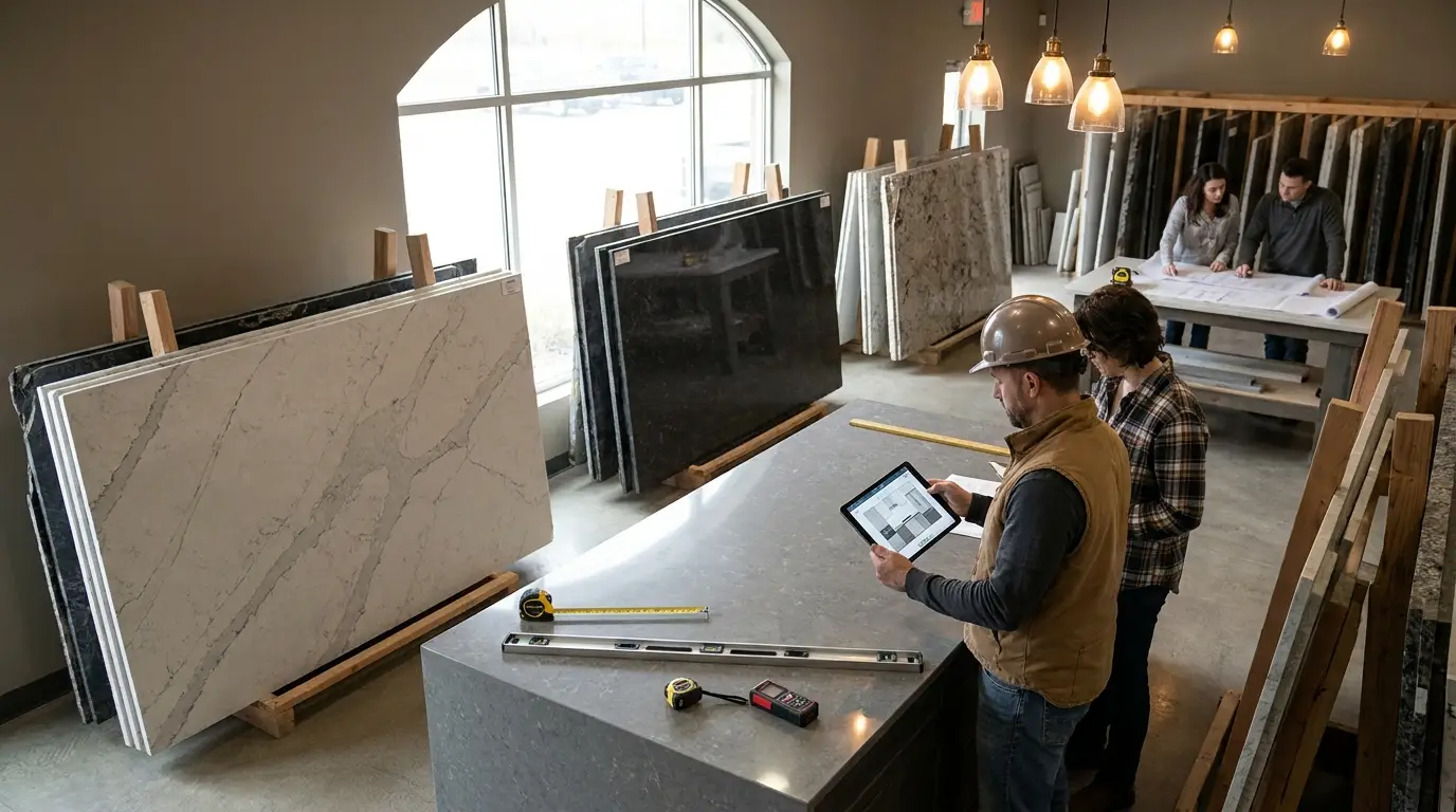Templater using a tablet in a high-end kitchen with stone worktop measurements