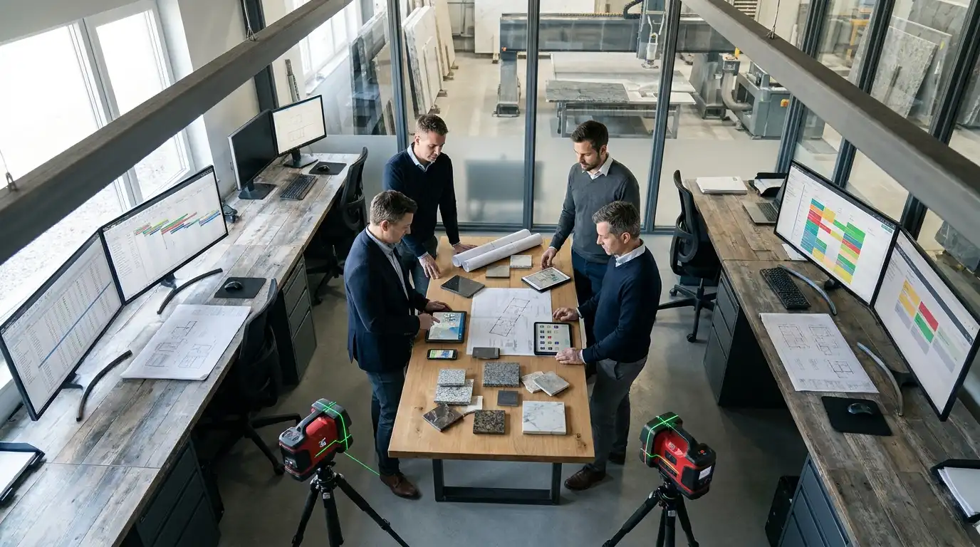 Stone fabrication office team reviewing a live job workflow on large screens