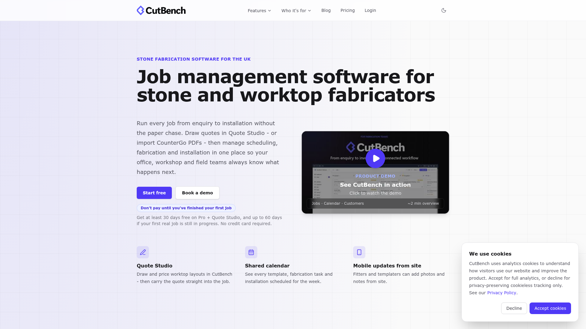 1. Cutbench Homepage