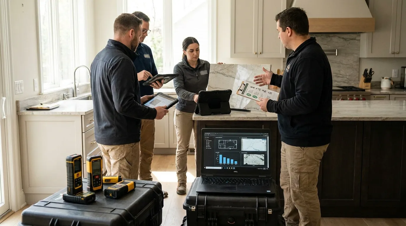 Stone fabrication office team reviewing live job workflow on shared screens