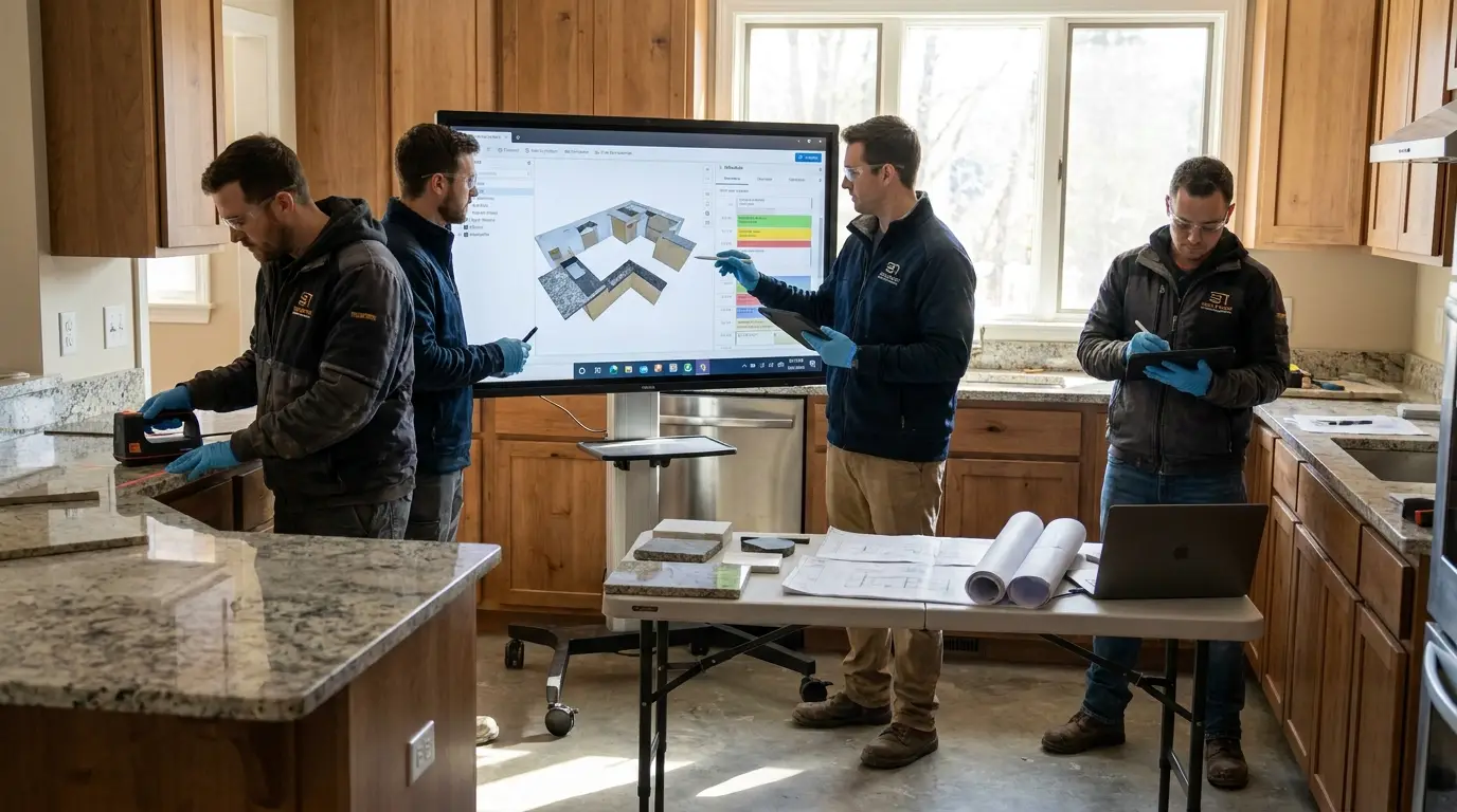 Stone fabrication office team reviewing live jobs on a shared screen