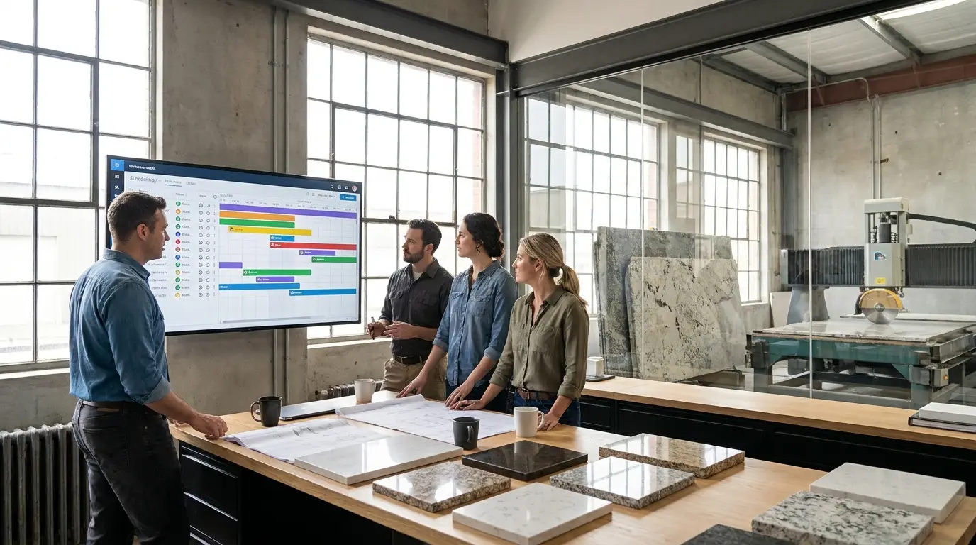 Stone workshop office team planning jobs on a shared scheduling screen