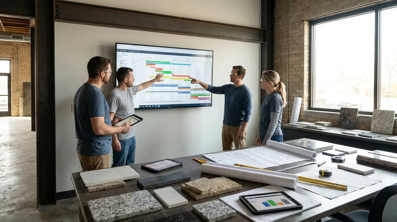 Stone fabrication office team reviewing live job workflow on a large screen
