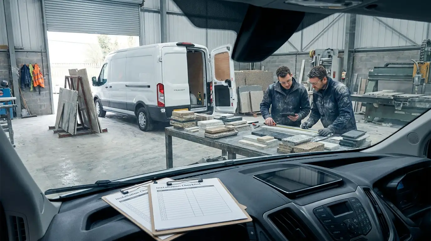 Workshop team reviewing quartz remnants after cutting
