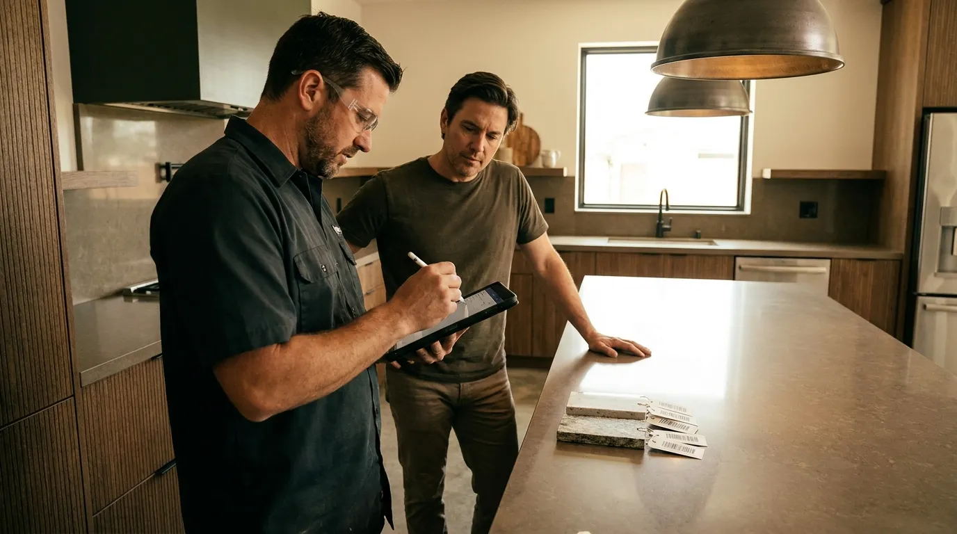 Worktop installer capturing customer sign-off on tablet in finished kitchen
