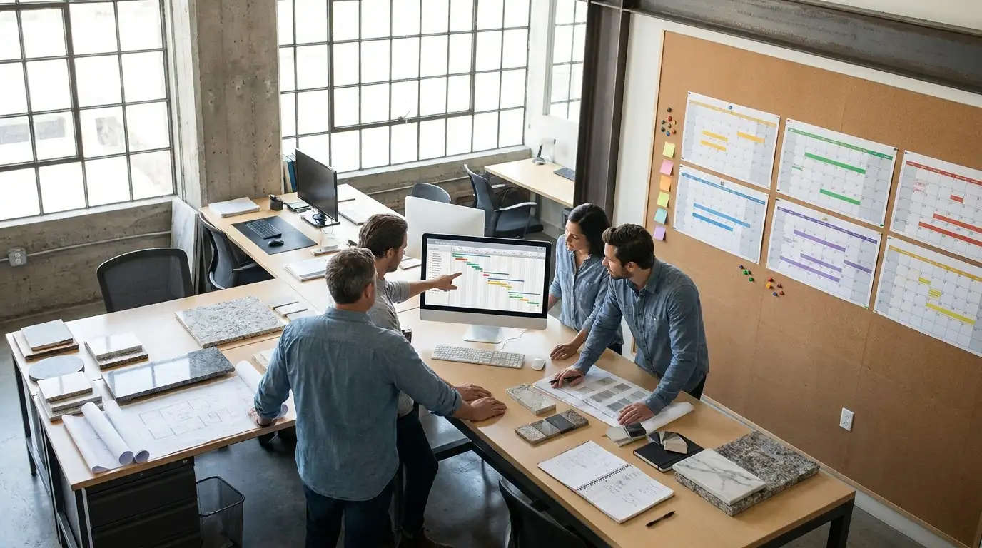 Stone fabrication office team reviewing live job schedule on a shared screen