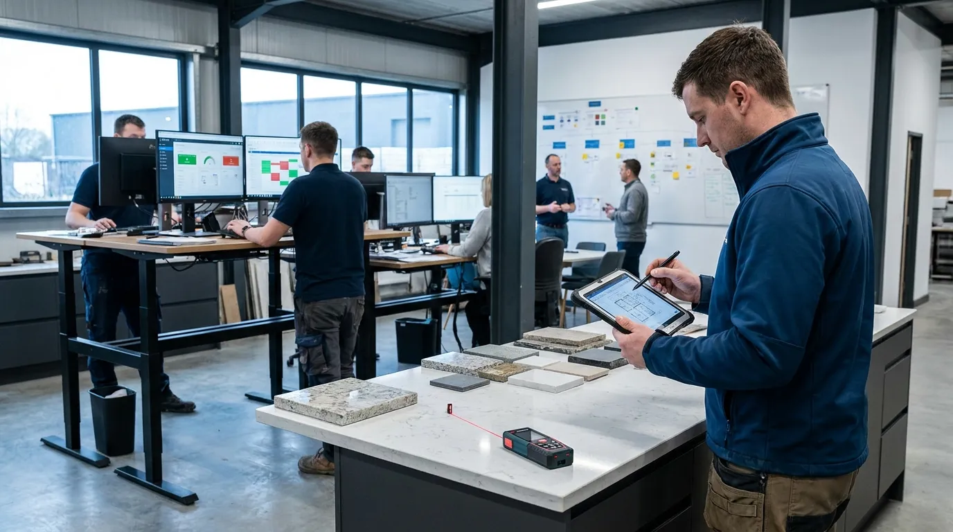 Templater using a tablet in a modern kitchen during site measure