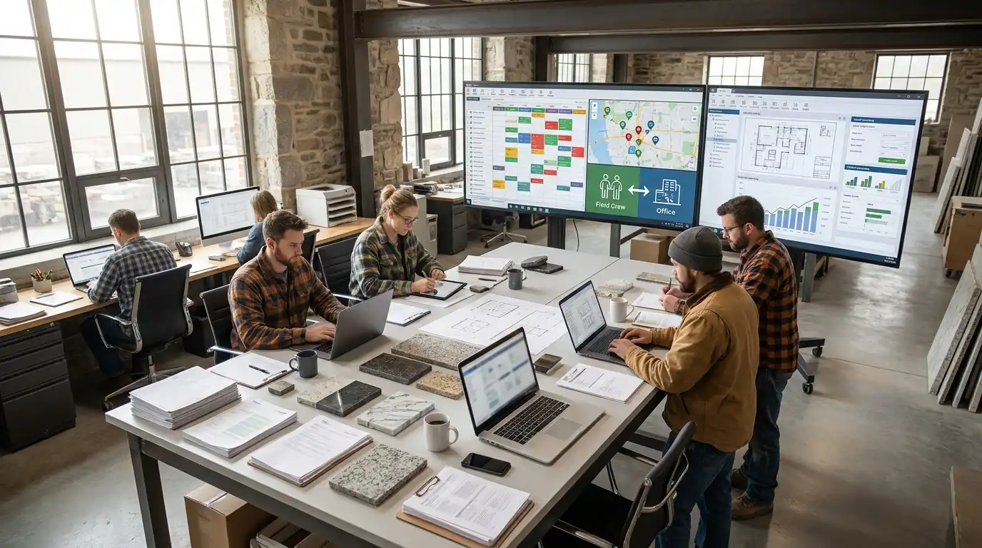 Stone fabricator office team reviewing live job information on a shared screen