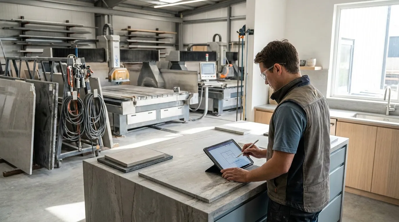 Templater using tablet on kitchen site visit