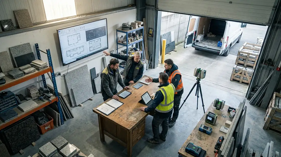Stone fabrication office team reviewing digital job workflow