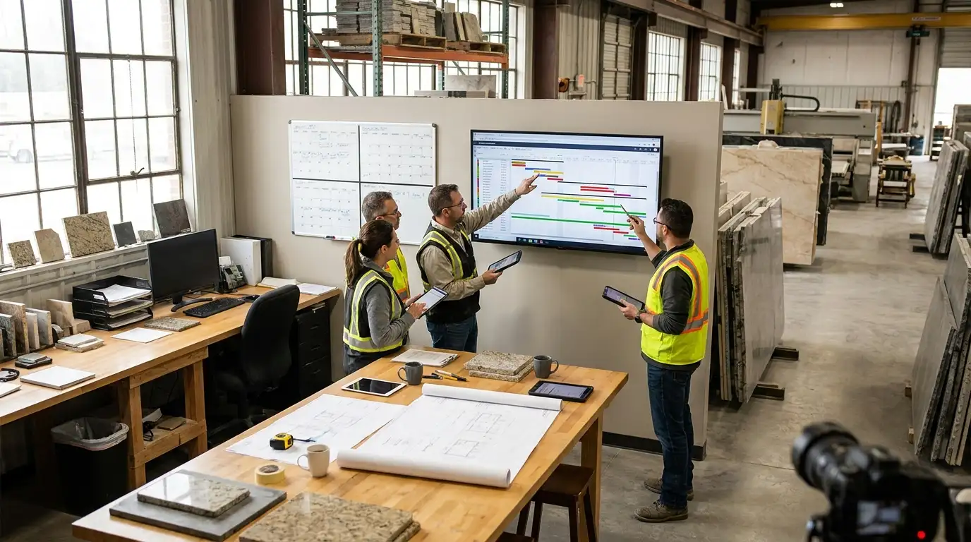 Stone fabrication office team reviewing live schedules