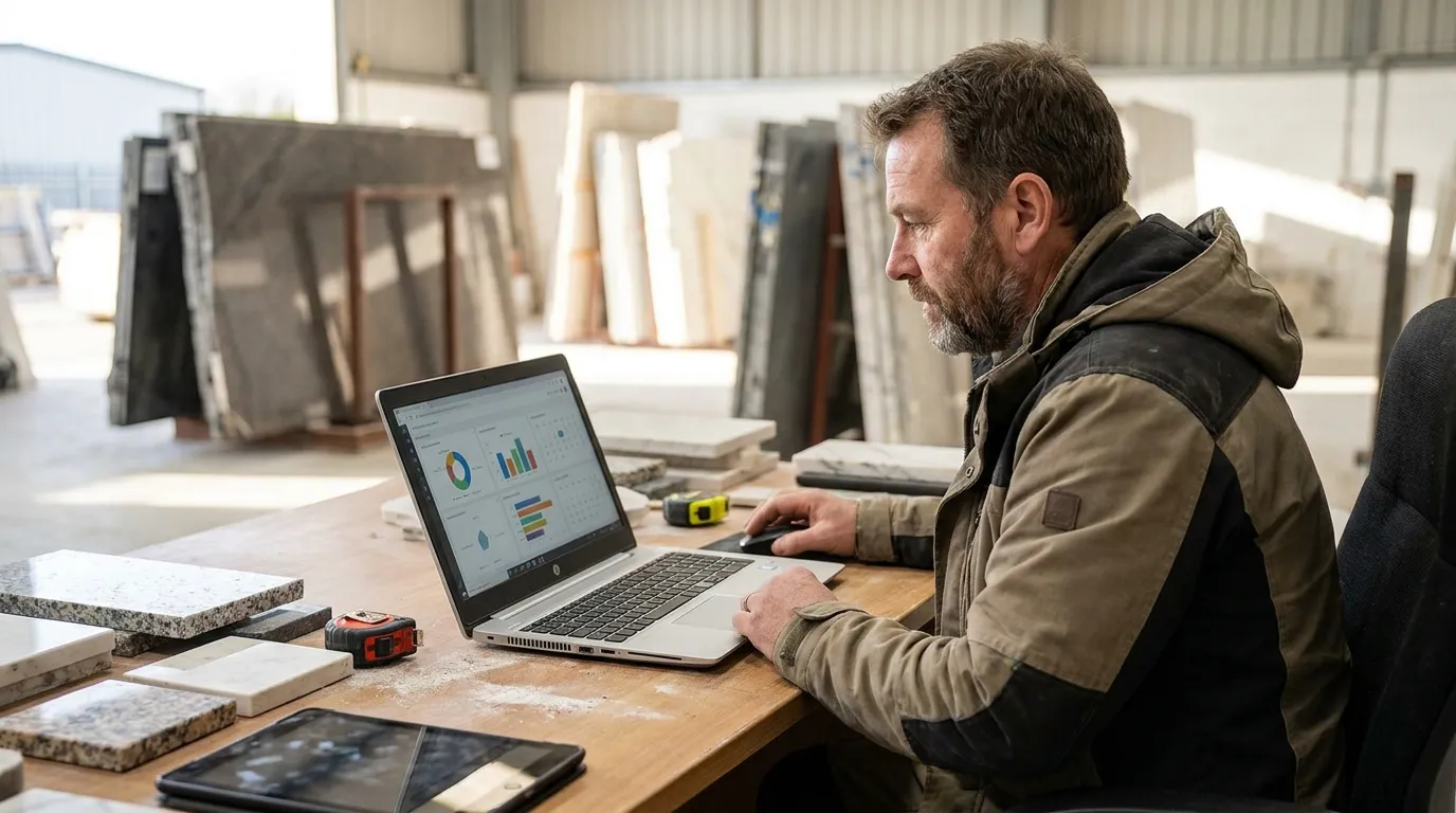 Operations manager checking role-based permissions and schedules in a stone workshop office