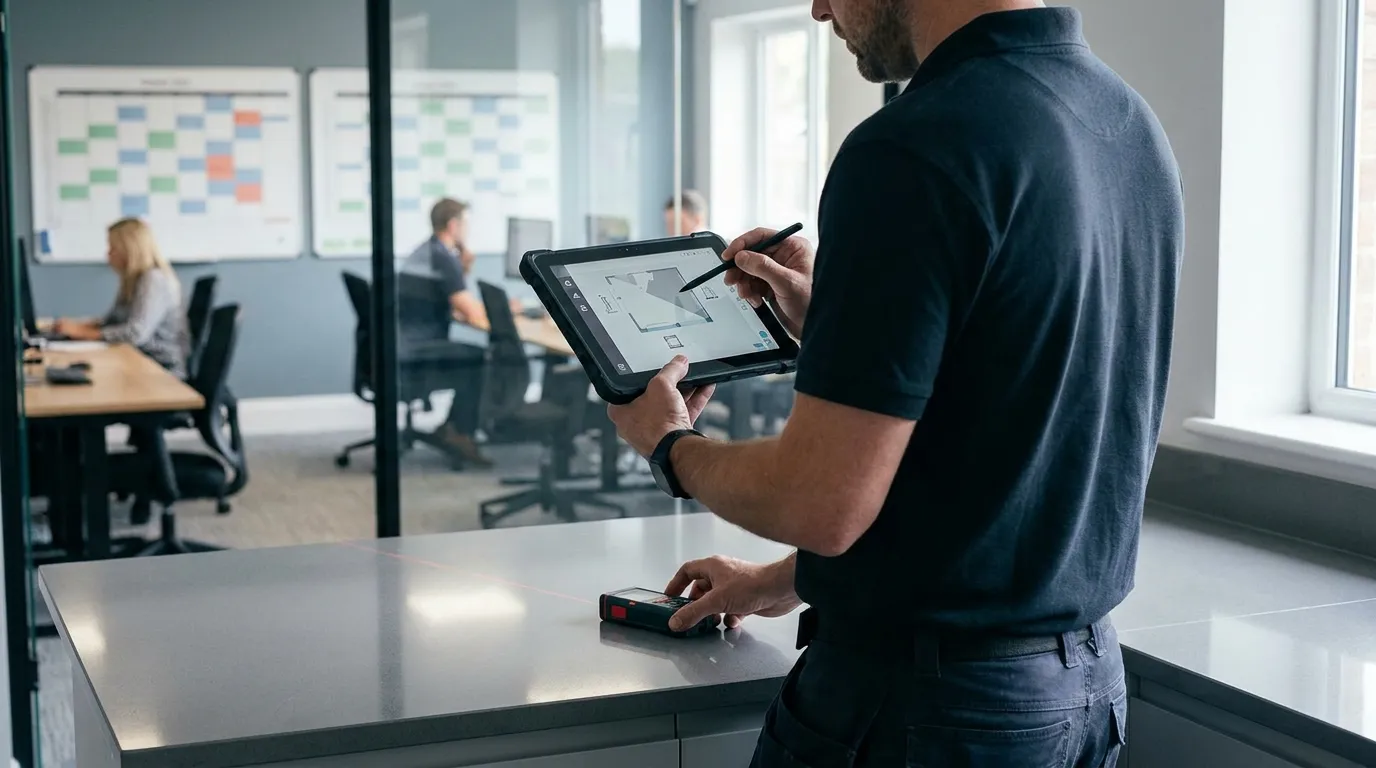 Templater using tablet securely on a customer site beside a quartz worktop template
