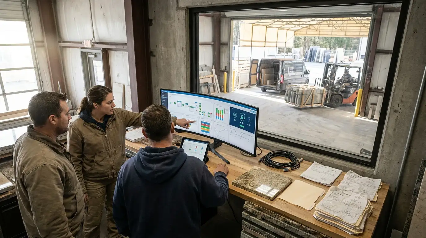 Stone fabrication office team reviewing secure cloud job data on desktop and tablet