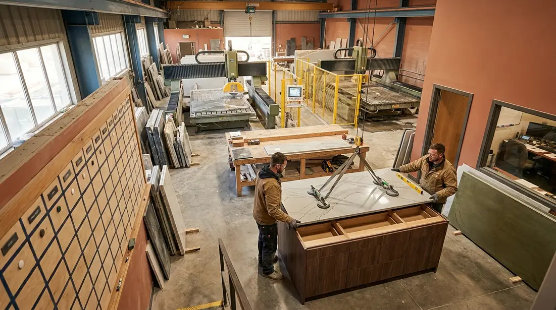 Stone worktop fitters completing an installation