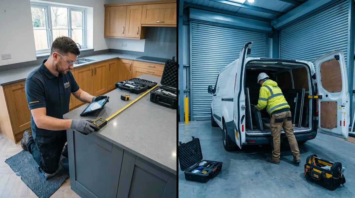 Templater capturing measurements in a kitchen