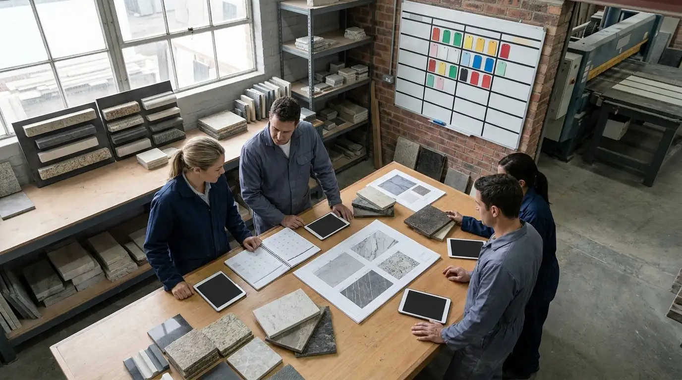 Stone fabrication office team planning jobs
