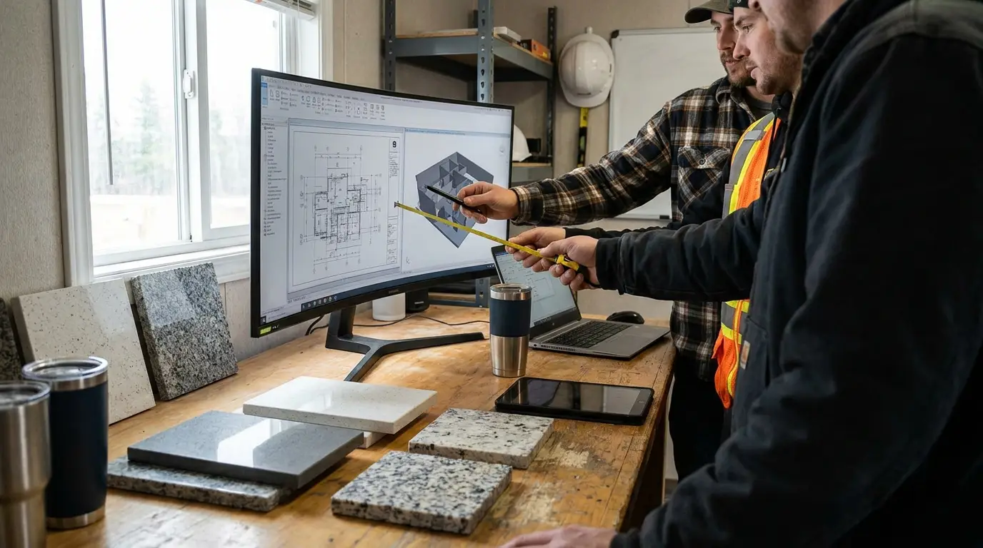 Office team reviewing a stone worktop estimate on screen