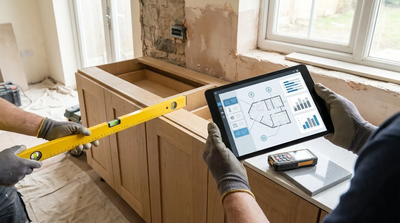 Templater checking cabinet level in a fitted kitchen