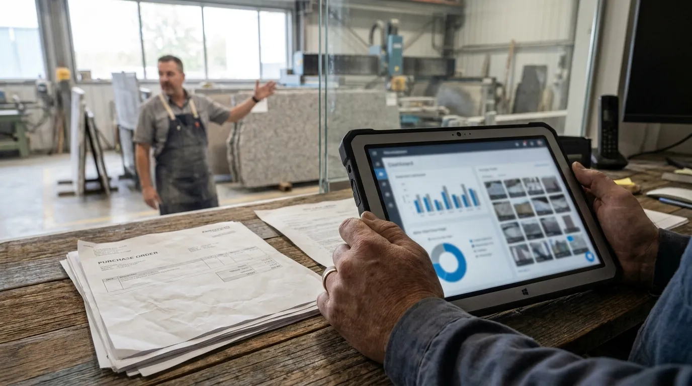 Stone workshop manager checking job progress on a digital dashboard
