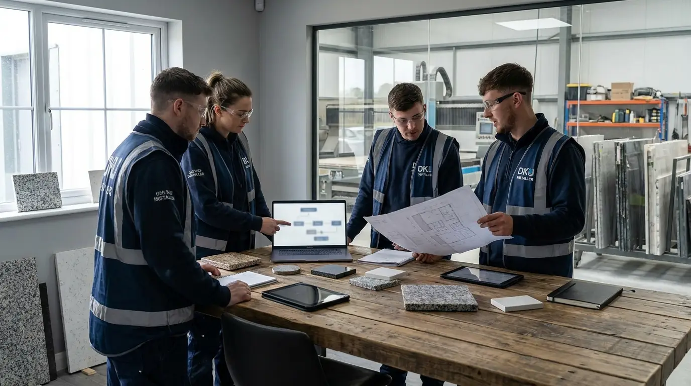 Stone fabrication office team reviewing software options together