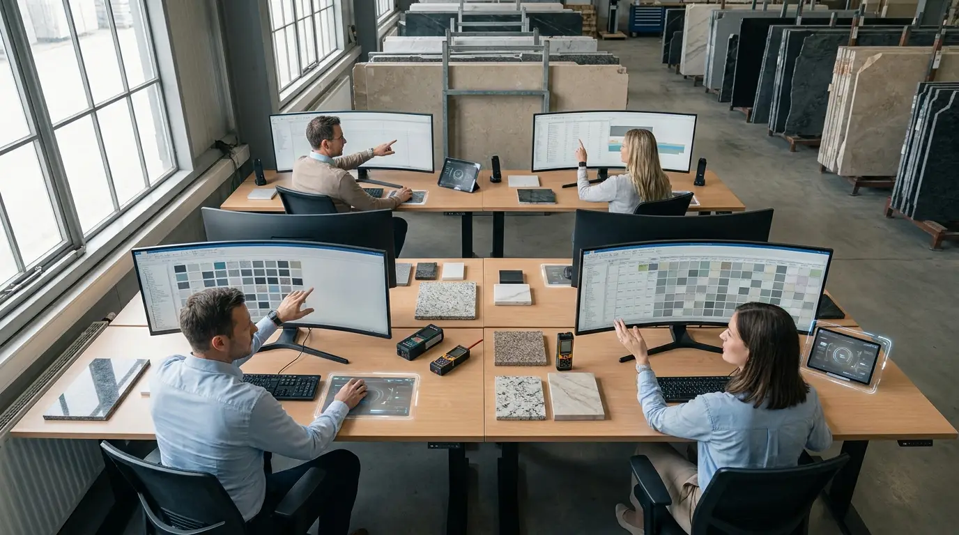 Stone office team reviewing digital job workflow