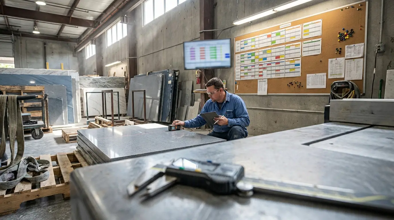 Templater using tablet in a kitchen worktop site visit