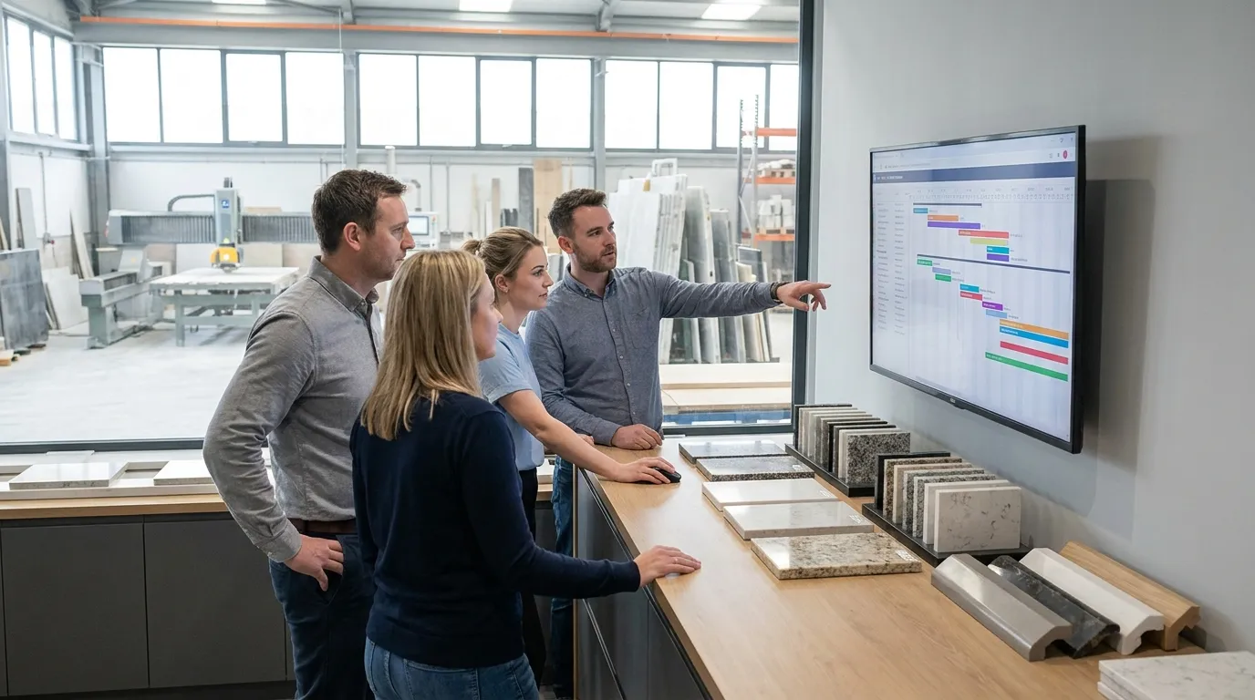 Stone fabrication office team reviewing live job workflow on a shared screen