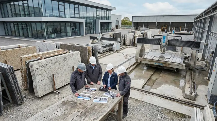 Stone slab yard with office team reviewing job details