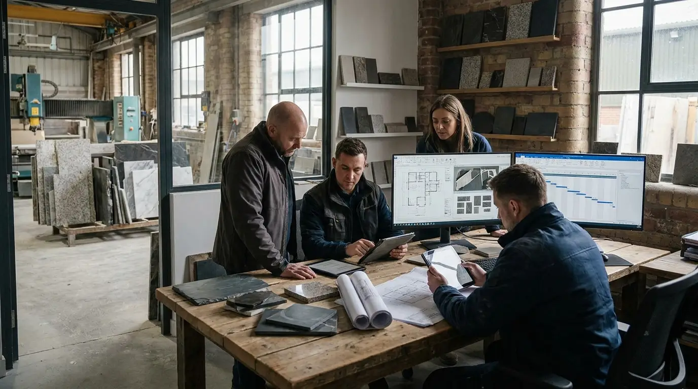 Stone shop team reviewing digital job workflow on tablets and office screens