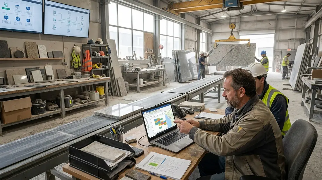 Operations manager in stone shop using software to coordinate template and install calendar
