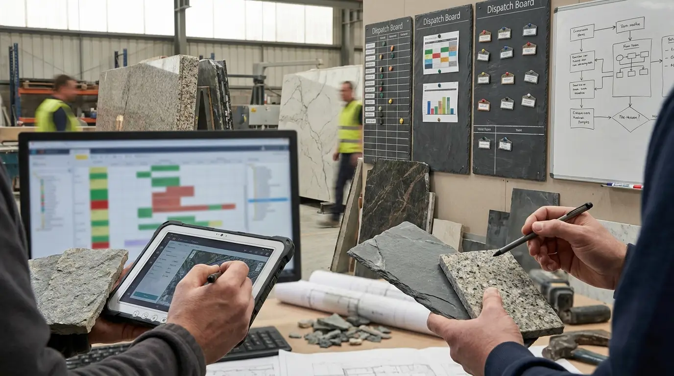Stone slabs and digital scheduling board inside a fabrication workshop